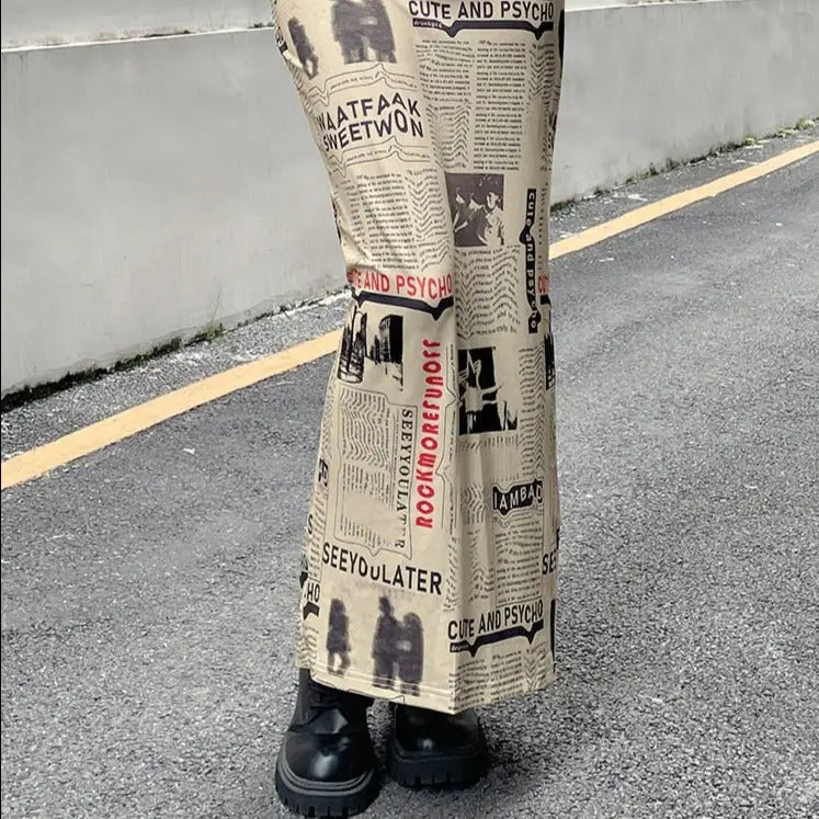 High Waist Newspaper Vintage Letter Print Long Skirt Khaki