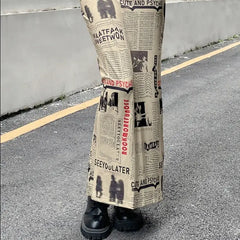 High Waist Newspaper Vintage Letter Print Long Skirt Khaki