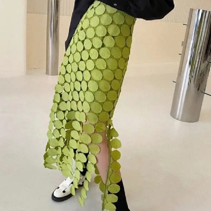 High Waist Patchwork Tassel Irregular Hem Midi Skirt