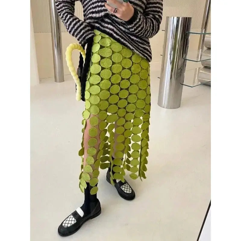 High Waist Patchwork Tassel Irregular Hem Midi Skirt