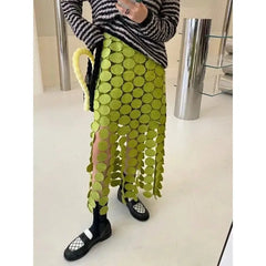 High Waist Patchwork Tassel Irregular Hem Midi Skirt