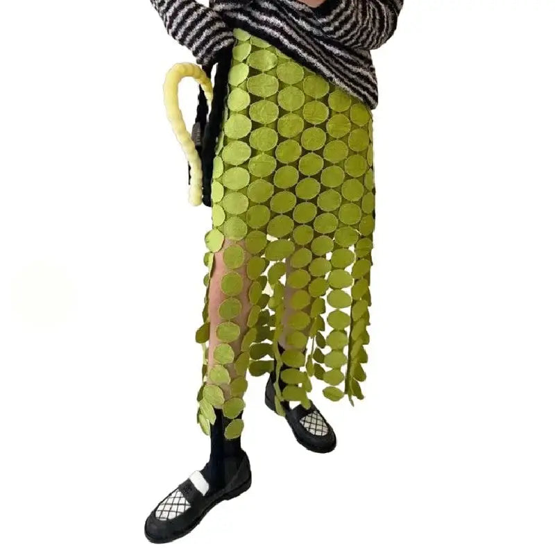 High Waist Patchwork Tassel Irregular Hem Midi Skirt Green