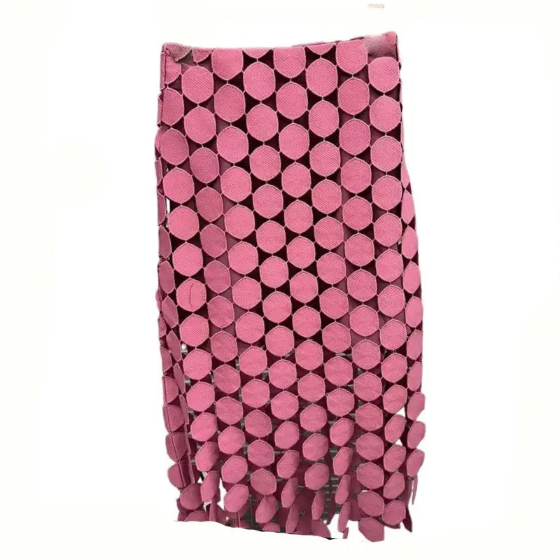 High Waist Patchwork Tassel Irregular Hem Midi Skirt Pink