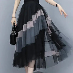 High-Waist Patchwork Tulle Midi Skirt