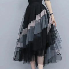 High-Waist Patchwork Tulle Midi Skirt