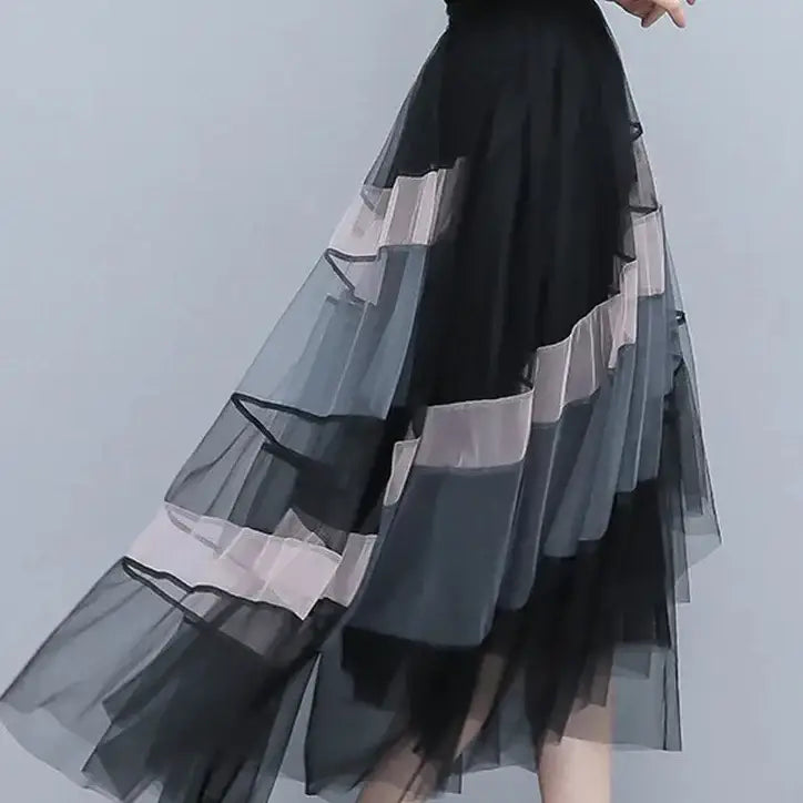 High-Waist Patchwork Tulle Midi Skirt
