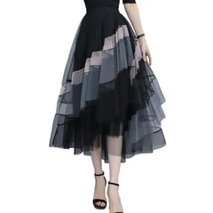 High-Waist Patchwork Tulle Midi Skirt - Black / S