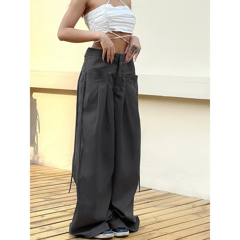 High Waist Plain Wide Leg Baggy Pants