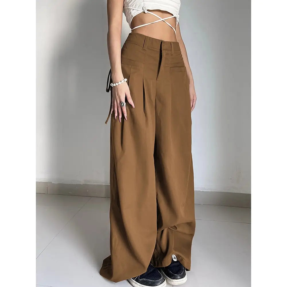 High Waist Plain Wide Leg Baggy Pants Auburn / S