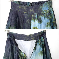 High Waist Pleated Skirt with Princess Oil Painting Print