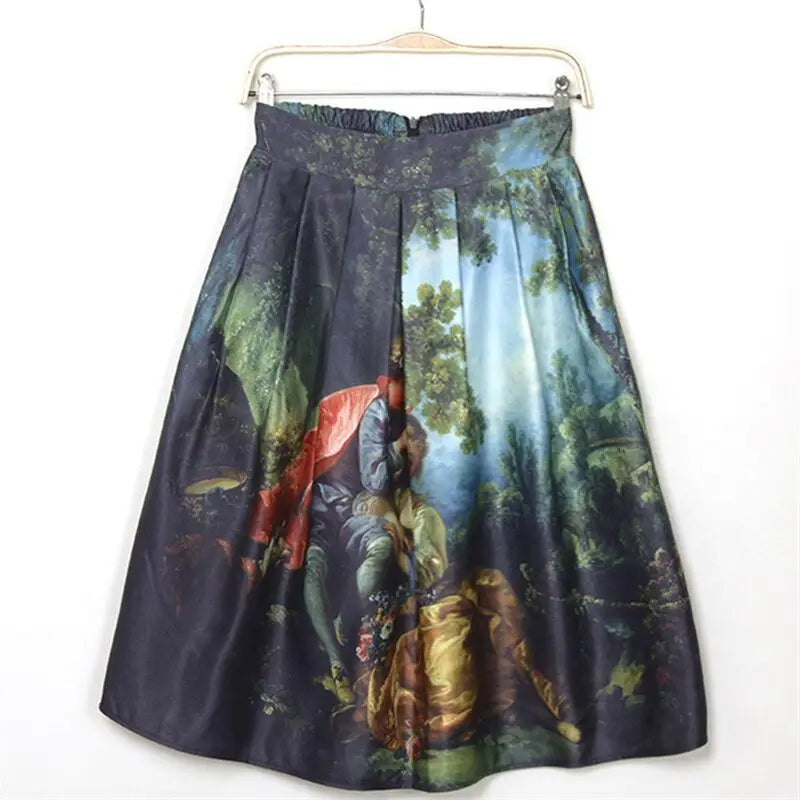 High Waist Pleated Skirt with Princess Oil Painting Print