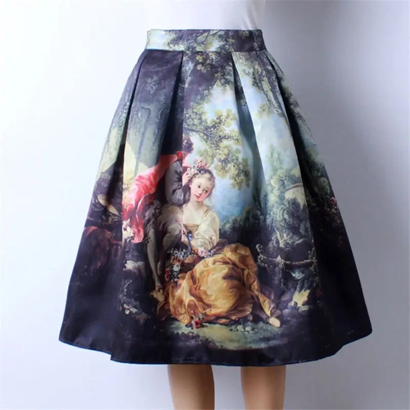 High Waist Pleated Skirt with Princess Oil Painting Print