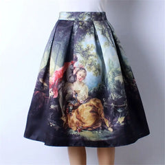 High Waist Pleated Skirt with Princess Oil Painting Print