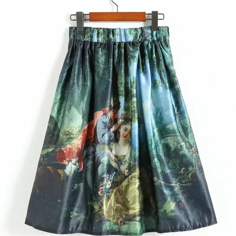High Waist Pleated Skirt with Princess Oil Painting Print