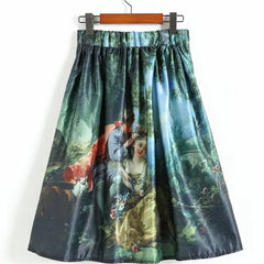 High Waist Pleated Skirt with Princess Oil Painting Print