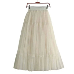 High Waist Pleated Tulle Long Skirt Apricot / One Size