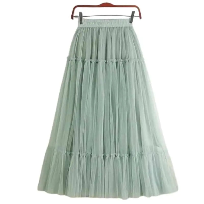 High Waist Pleated Tulle Long Skirt Green / One Size