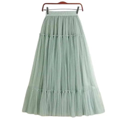 High Waist Pleated Tulle Long Skirt Green / One Size