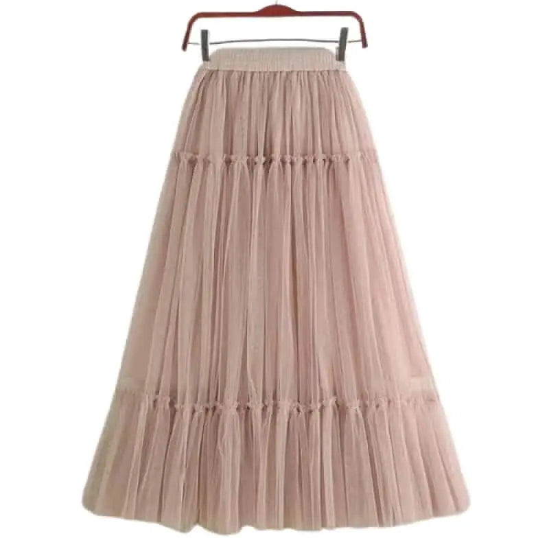 High Waist Pleated Tulle Long Skirt Pink / One Size
