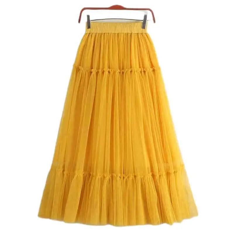 High Waist Pleated Tulle Long Skirt Yellow / One Size
