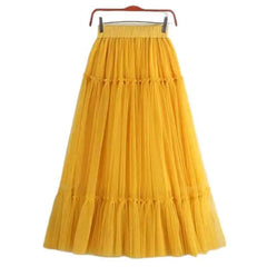 High Waist Pleated Tulle Long Skirt Yellow / One Size