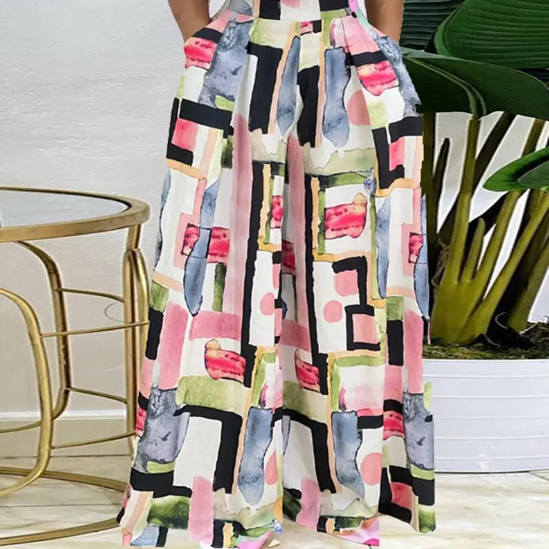 High Waist Pocket Long Loose Palazzo Pants Abstract / S