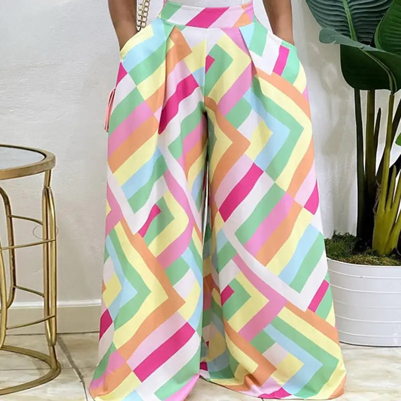 High Waist Pocket Long Loose Palazzo Pants Geometric / S