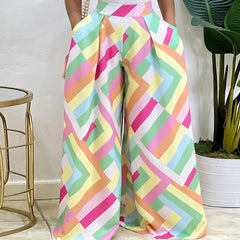 High Waist Pocket Long Loose Palazzo Pants Geometric / S
