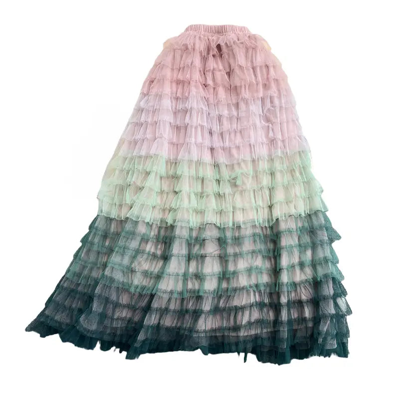 High-Waist Rainbow Tulle Maxi Skirt - Green / One Size