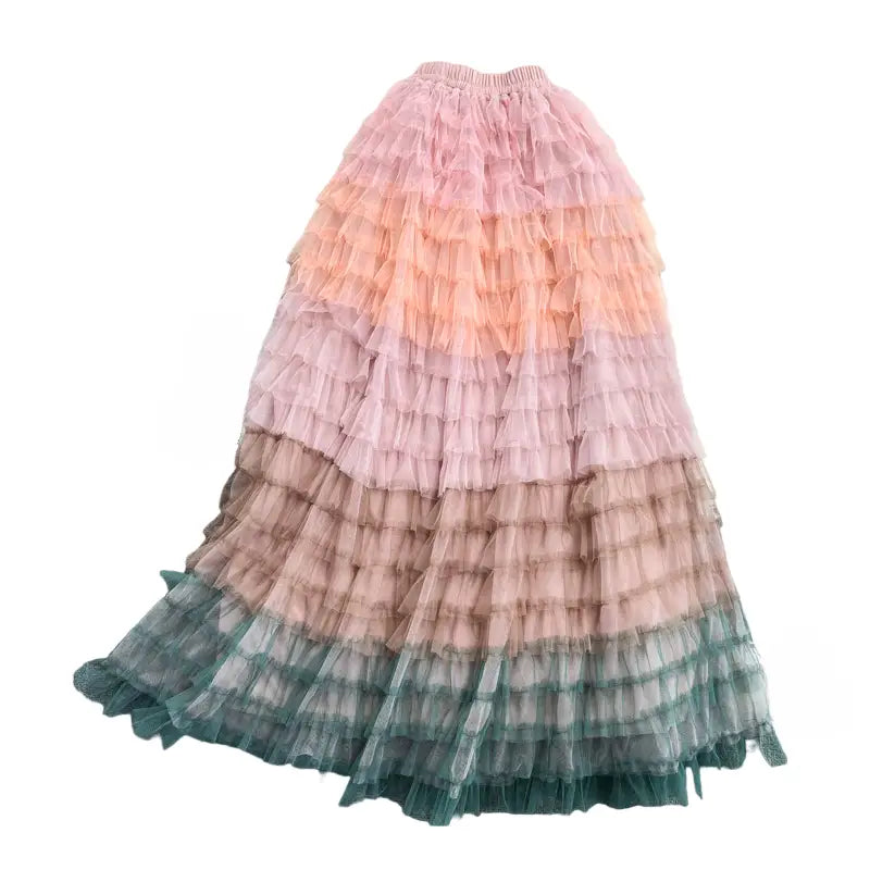 High Waist Rainbow Tulle Maxi Skirt Mid Calf Mesh Pink