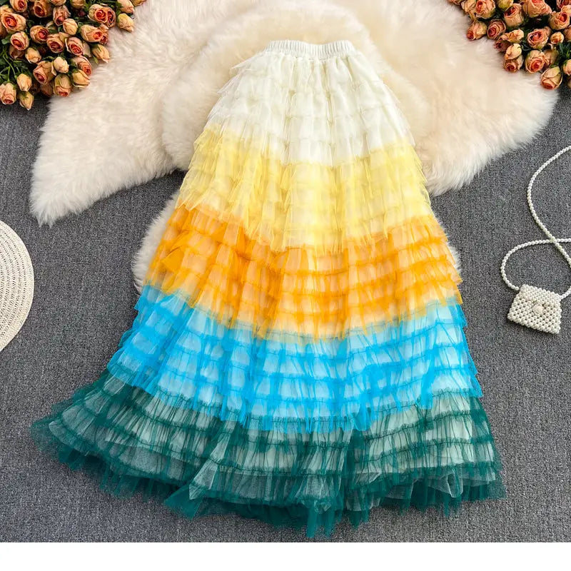 High Waist Rainbow Tulle Maxi Skirt Mid Calf Mesh