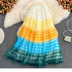 High Waist Rainbow Tulle Maxi Skirt Mid Calf Mesh