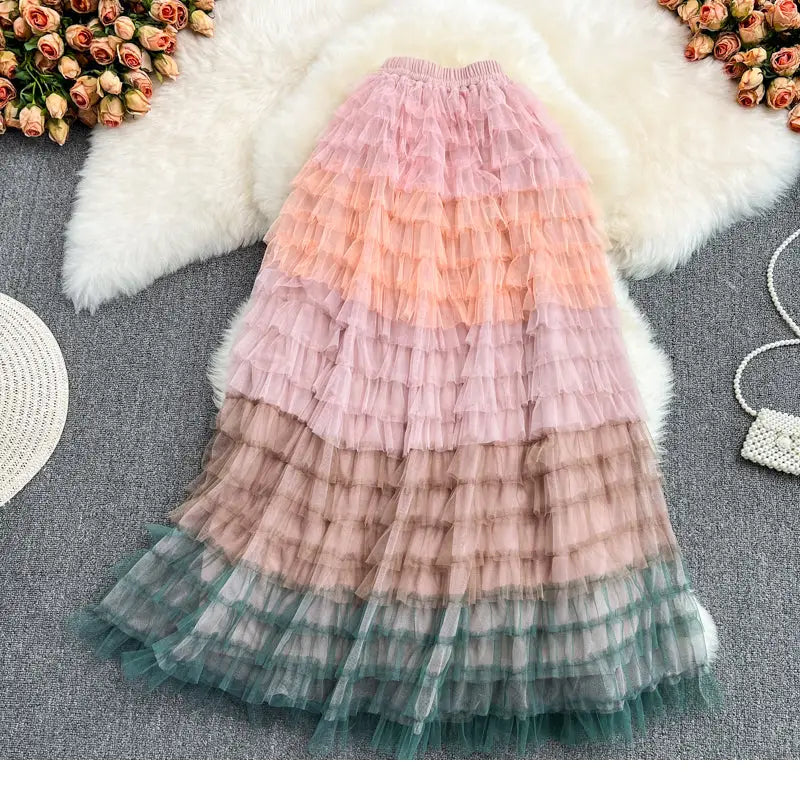 High Waist Rainbow Tulle Maxi Skirt Mid Calf Mesh
