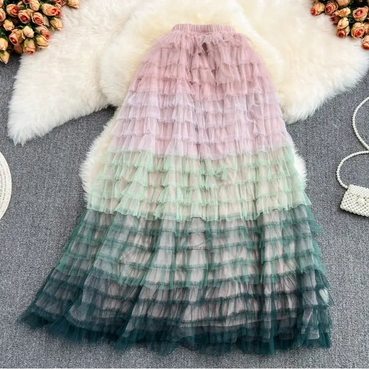 High-Waist Rainbow Tulle Maxi Skirt - Skirts