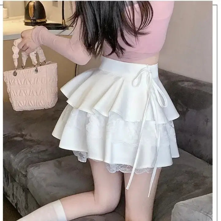High Waist Ruffle Mini Skirt for Women White / S