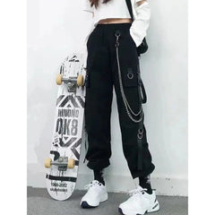 High Waist Streetwear Cargo Pants With Chain