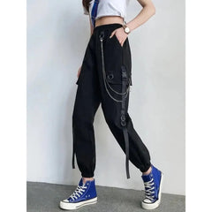 High Waist Streetwear Cargo Pants With Chain