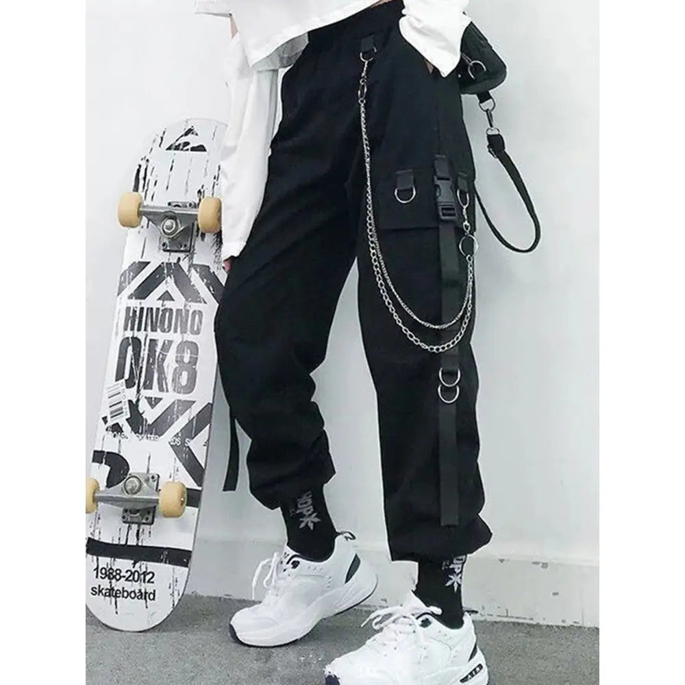 High Waist Streetwear Cargo Pants With Chain