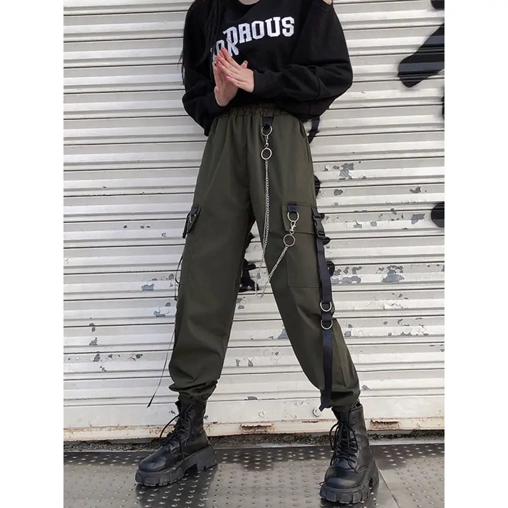 High Waist Streetwear Cargo Pants With Chain - Army Green