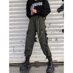 High Waist Streetwear Cargo Pants With Chain