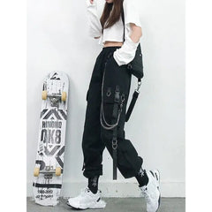 High Waist Streetwear Cargo Pants With Chain