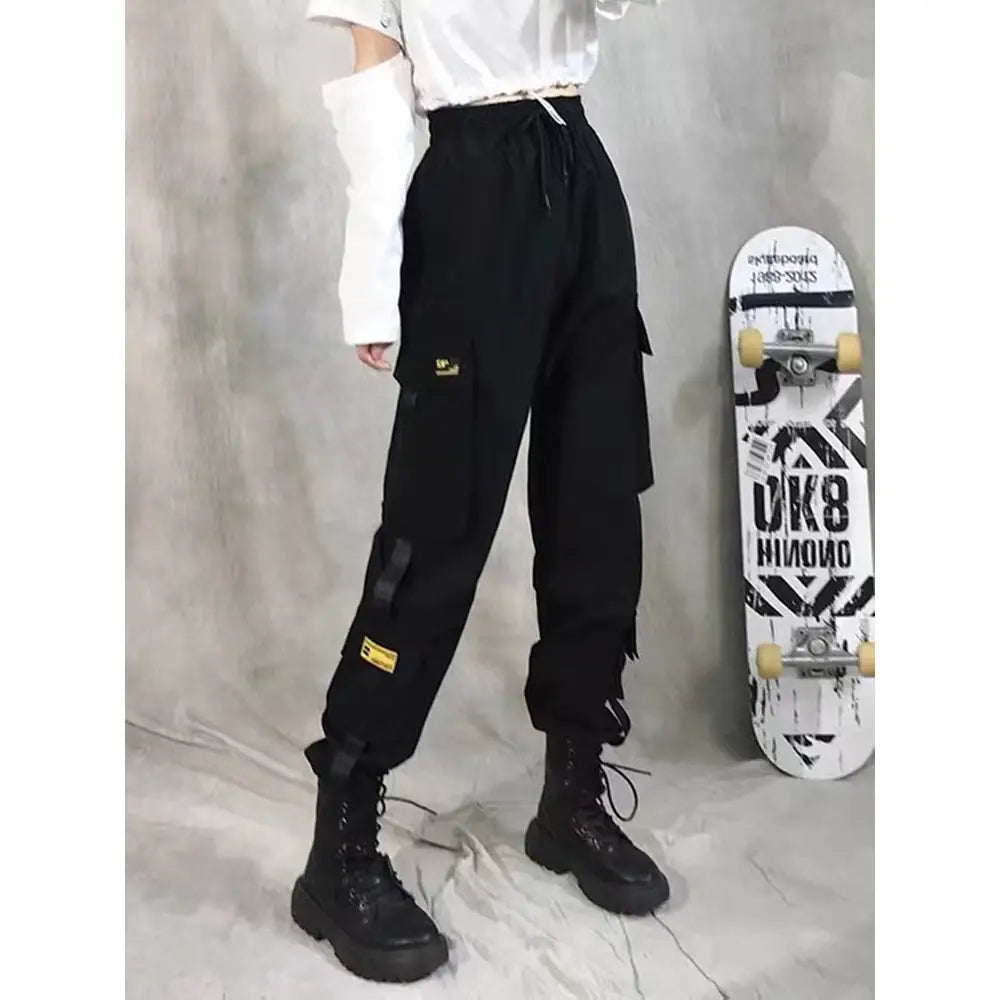 High Waist Streetwear Cargo Pants With Chain - Black 2 / S