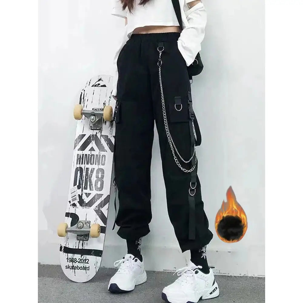 High Waist Streetwear Cargo Pants With Chain - Black