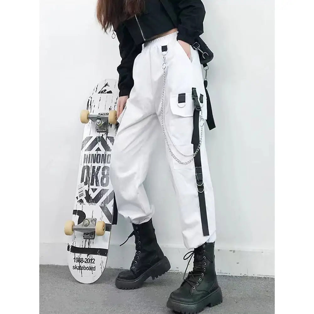 High Waist Streetwear Cargo Pants With Chain - White 1 / S