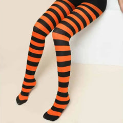 High Waist Striped Long Punk Pantyhose Orange Black