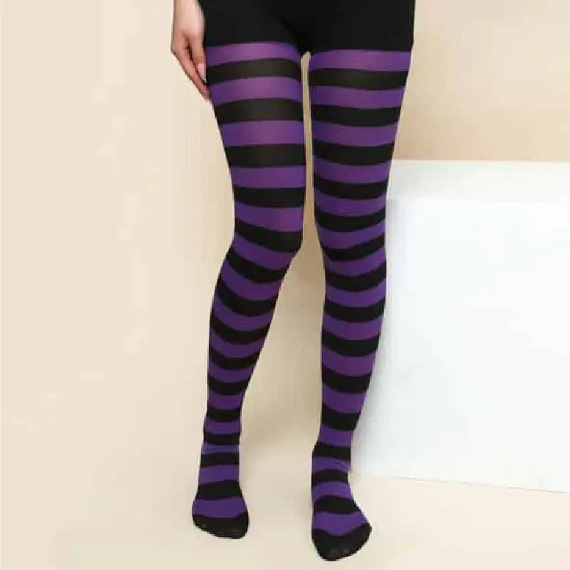 High Waist Striped Long Punk Pantyhose Purple Black
