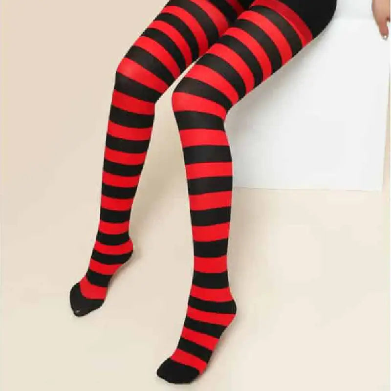 High Waist Striped Long Punk Pantyhose Red Black / One Size