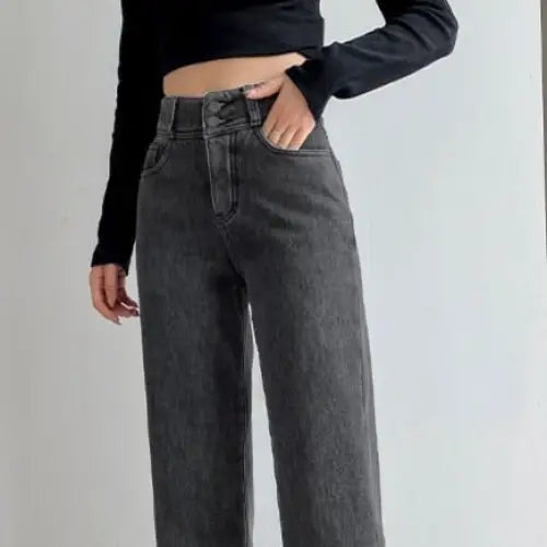 High Waist Thick Velvet Jeans for Women Gray / XS