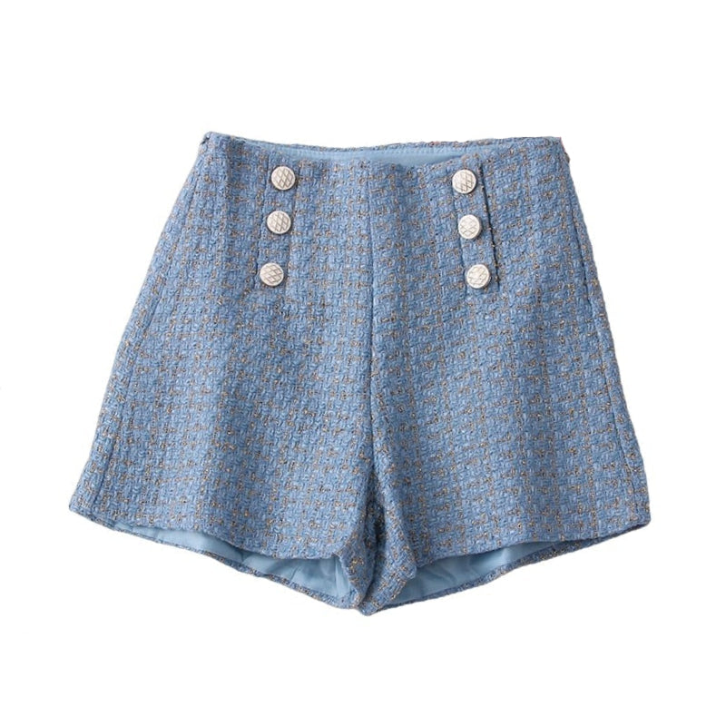 High Waist Tweed Shorts - Blue. / S