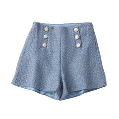 High Waist Tweed Shorts - Blue. / L